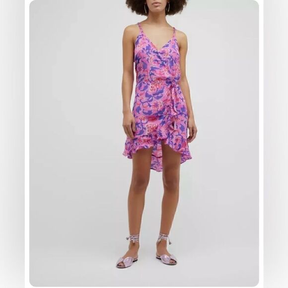 Rococo Sand Pink/Purple Sleeveless Floral Crepe Ruffle Wrap Mini Dress Large - Picture 1 of 16